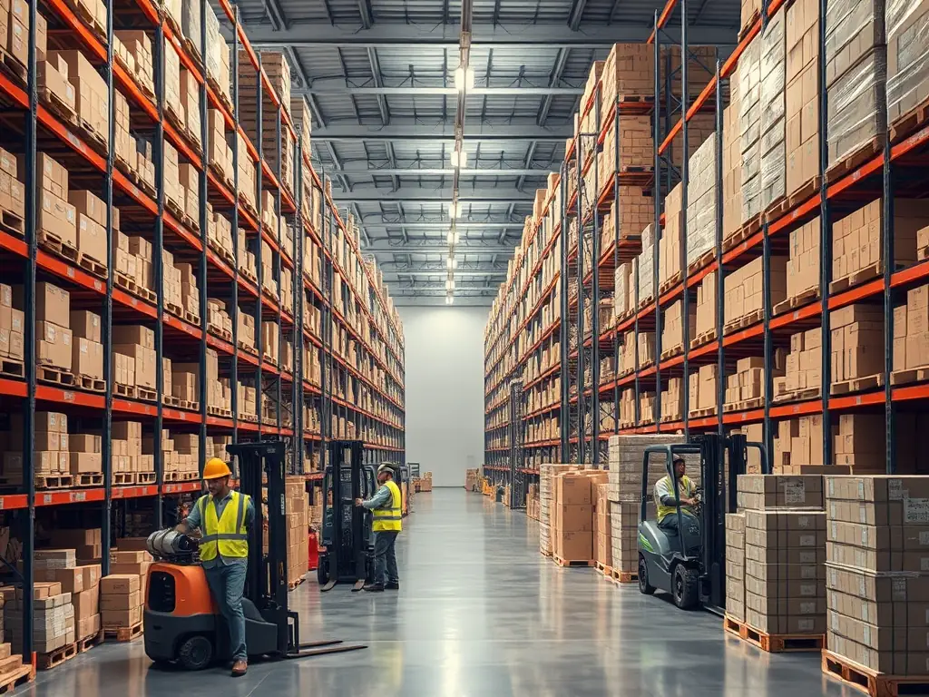 A busy logistics warehouse with forklifts moving goods, showcasing the complexity of logistics operations and the importance of efficient ERP systems.