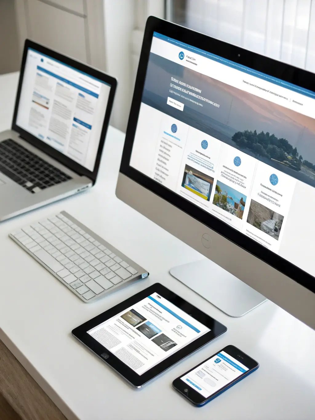 An image of a modern website design on multiple devices (desktop, tablet, mobile), showcasing web development services by eMatrix.