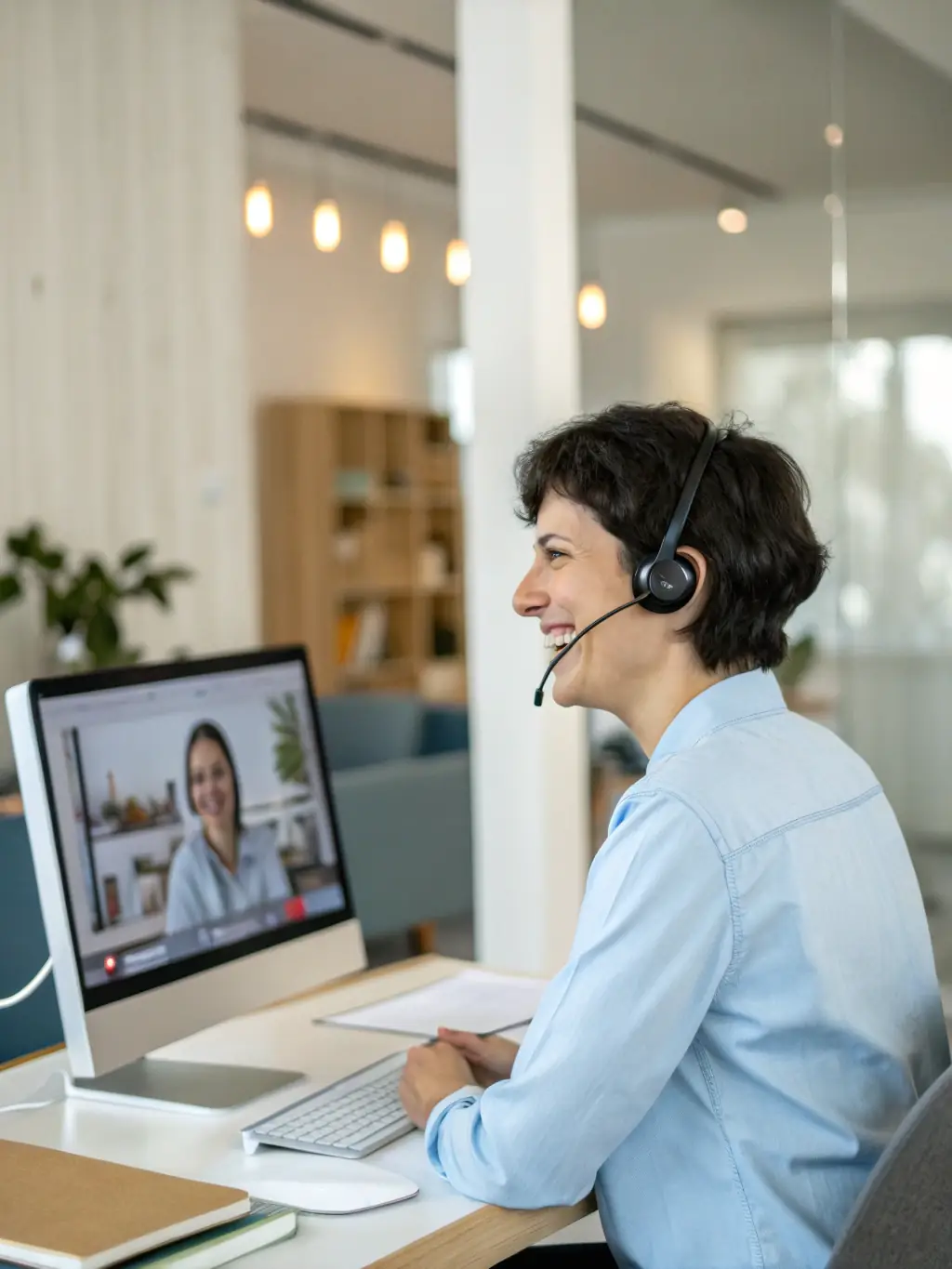 A friendly customer support agent assisting a client over the phone, showcasing eMatrix's dedication to customer satisfaction.