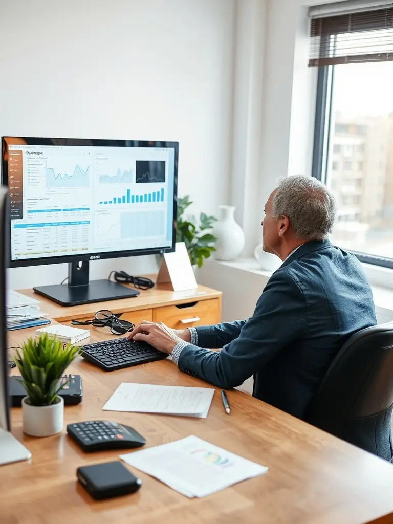 An accountant working on a laptop with Tally software open, showing financial reports, representing eMatrix's Tally Solutions.