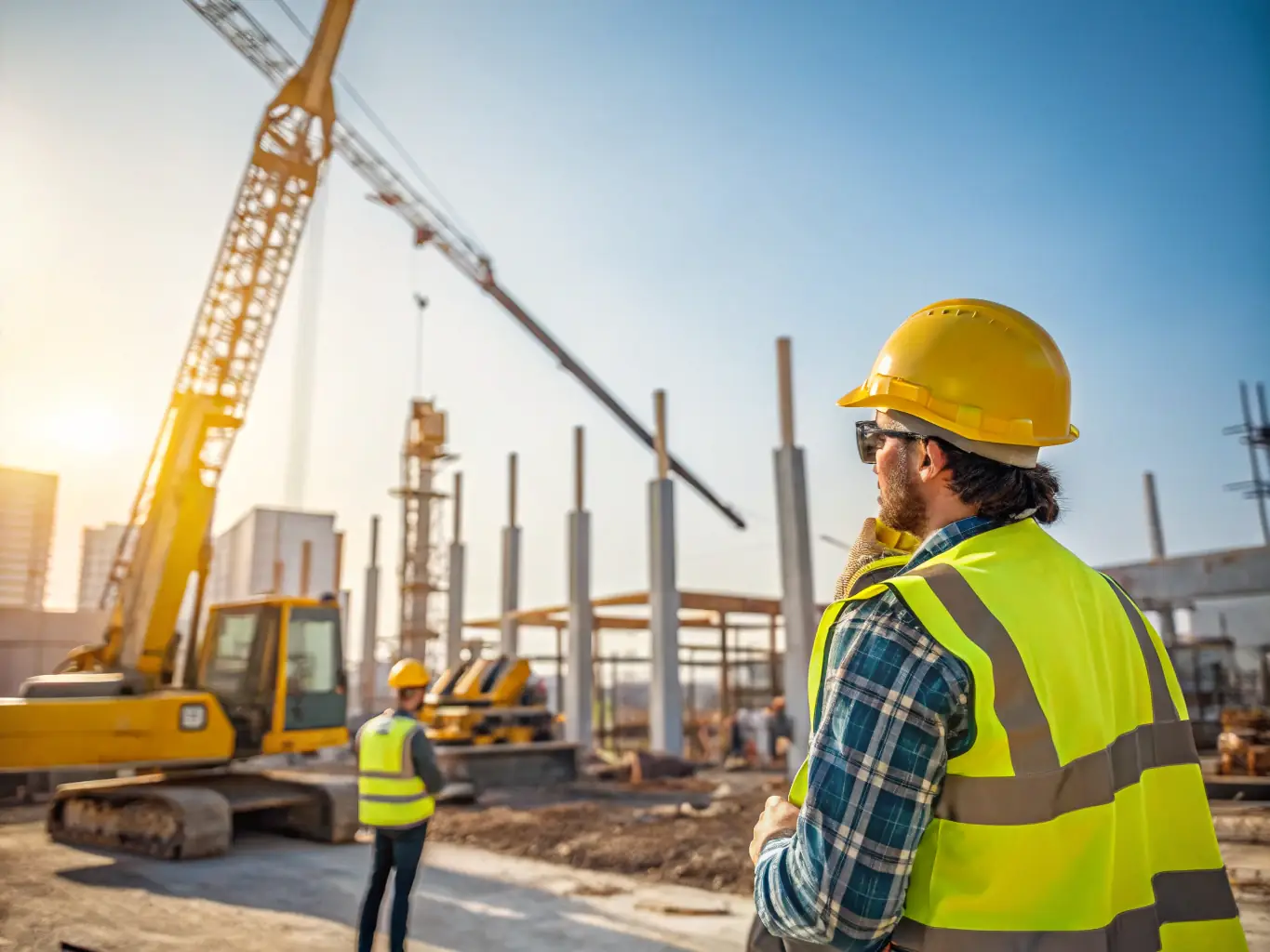 A construction site with workers and heavy machinery, highlighting the need for project management and resource allocation in the construction industry.