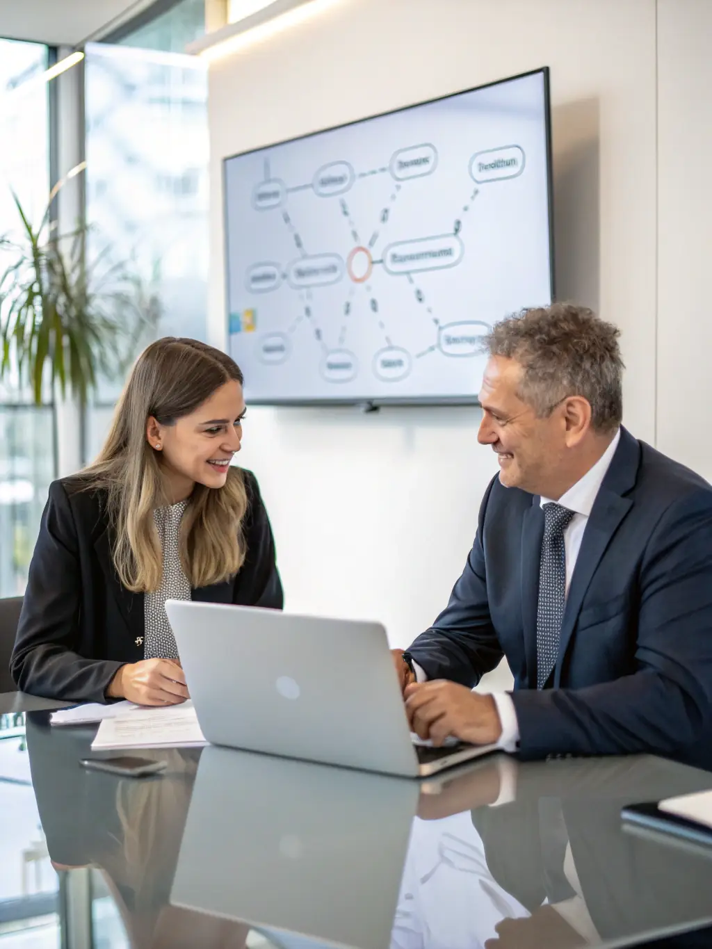 A professional IT consultant providing expert advice to a client in a modern office setting, emphasizing eMatrix's commitment to expertise.