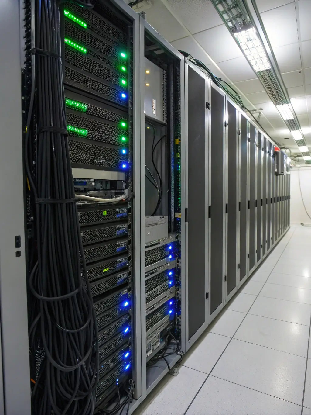 A high-resolution image of a server room with blinking lights, symbolizing managed IT services provided by eMatrix.