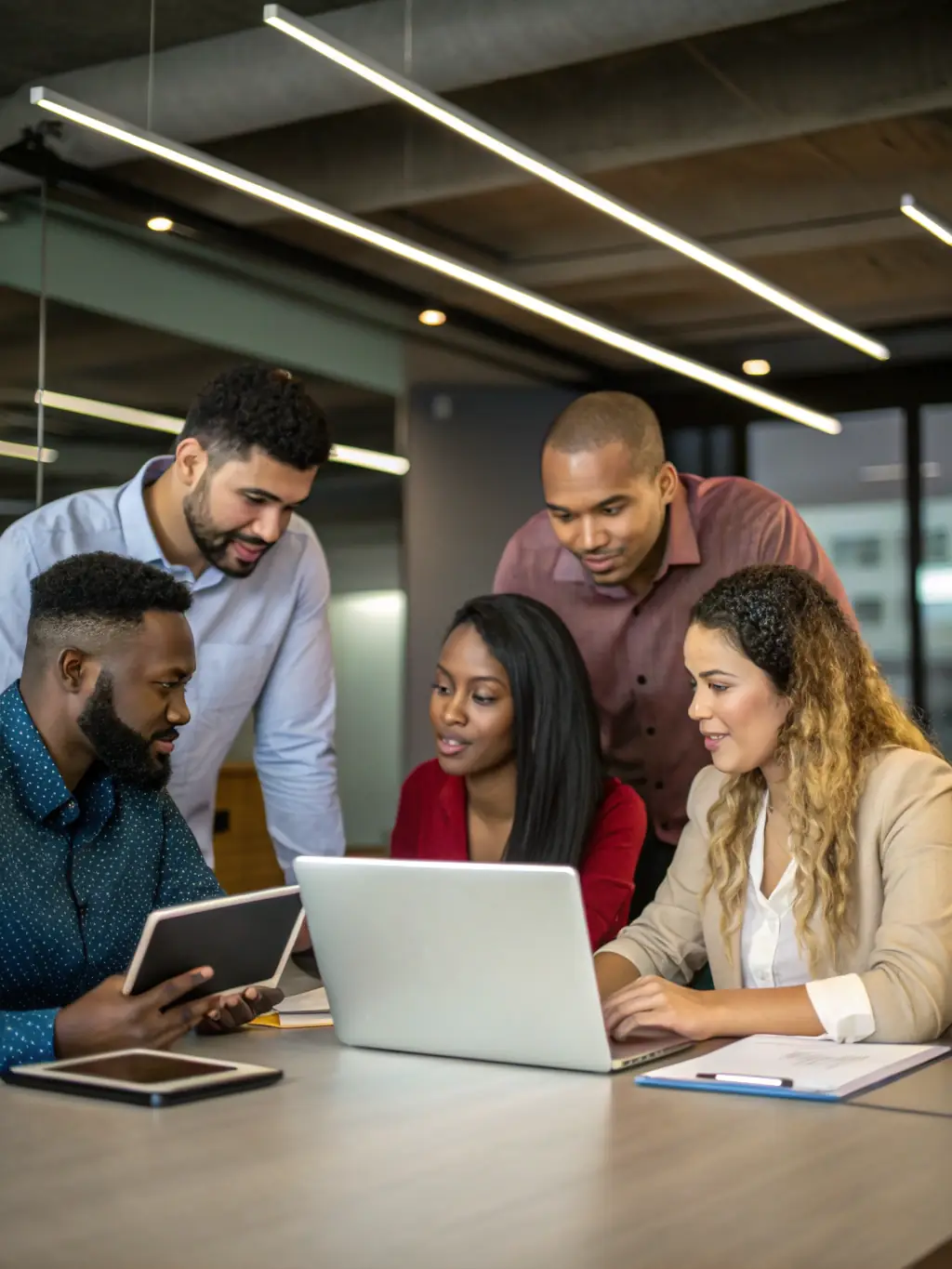 A diverse team of IT professionals collaborating on a project, highlighting eMatrix's comprehensive approach to technology solutions.