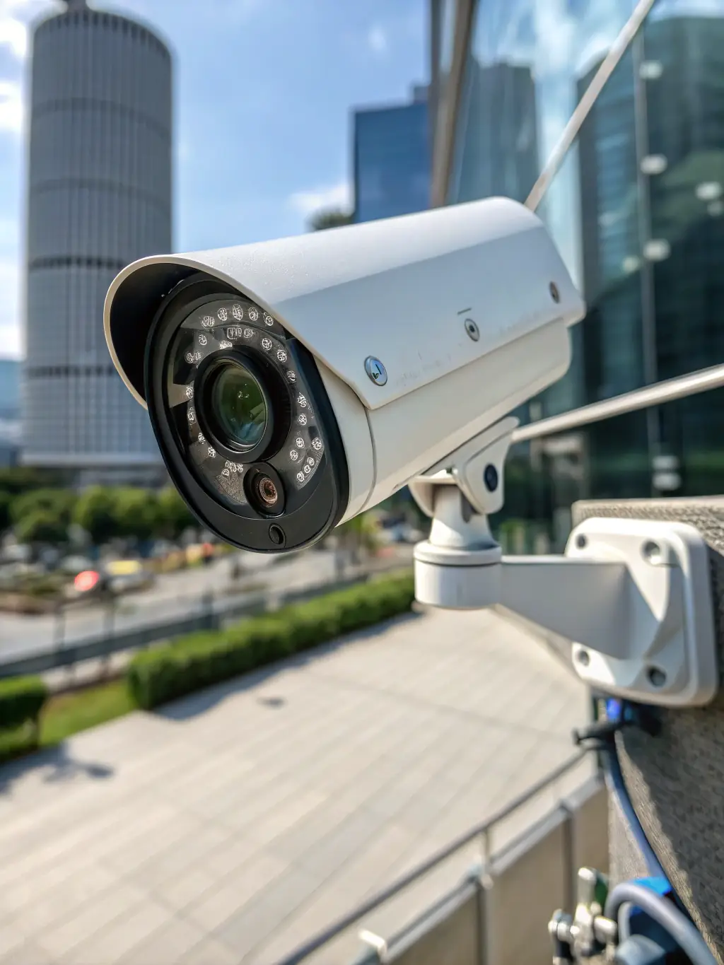 A close-up shot of a high-definition CCTV camera, representing the security solutions offered by eMatrix.