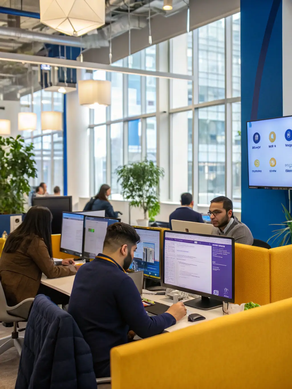 A professional photo of a modern office environment with employees working on computers, representing ERP software solutions by eMatrix.
