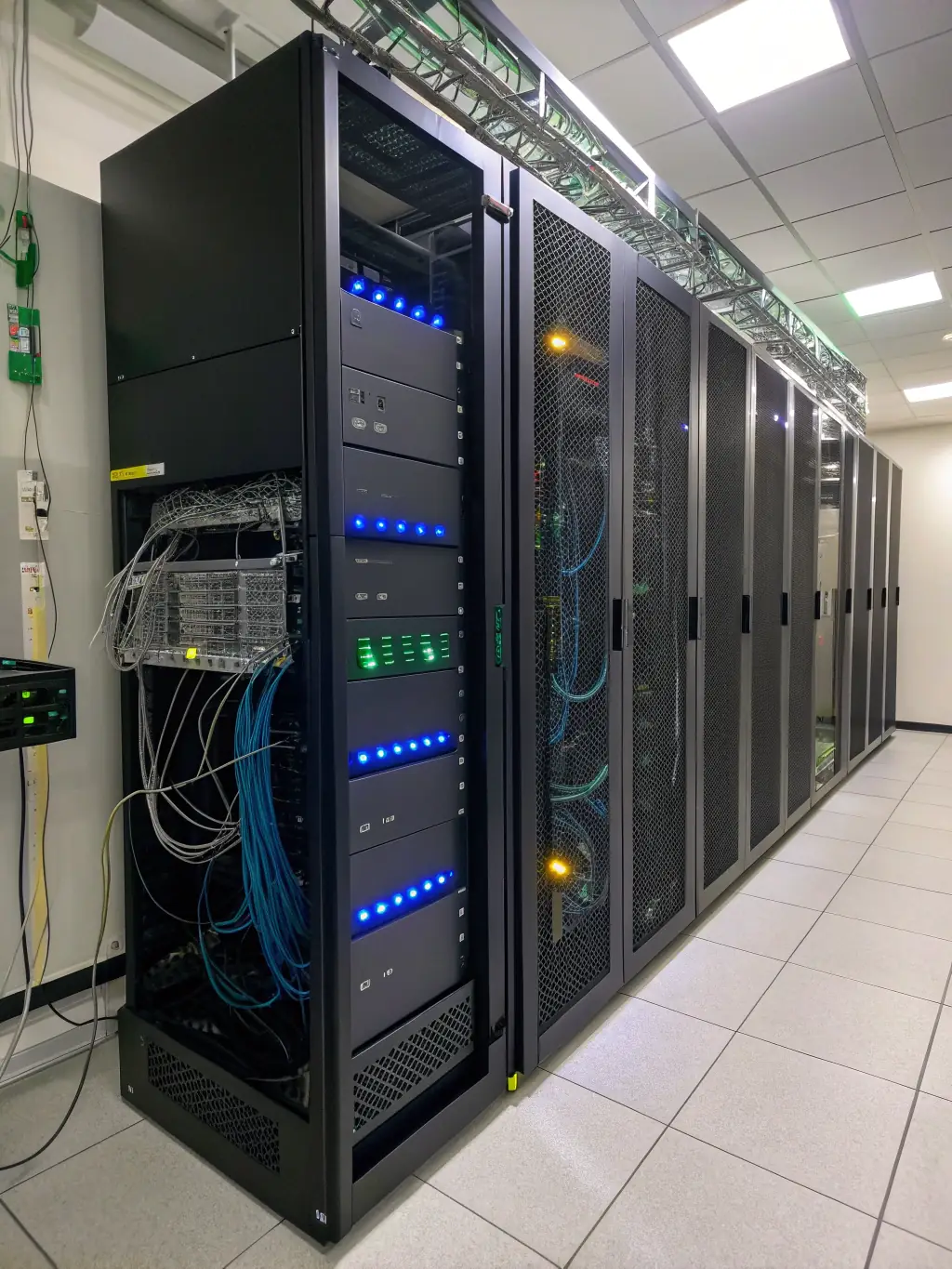 A server room with blinking lights and well-organized cables, symbolizing the reliability of eMatrix's IT infrastructure and services.