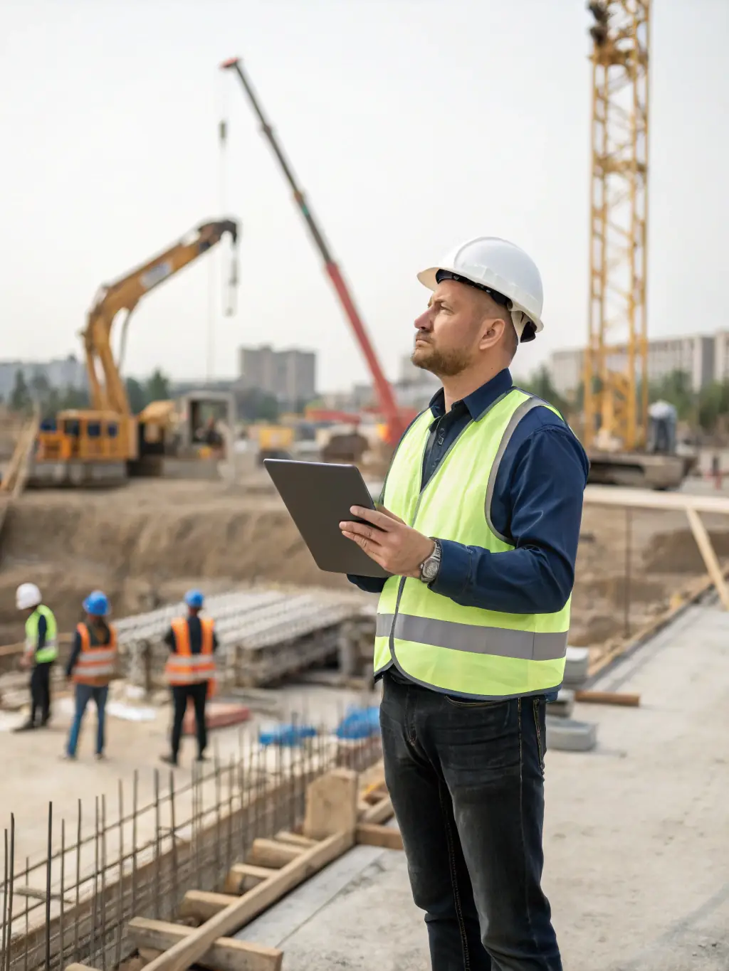 A construction site with digital tablets displaying project management dashboards, representing eMatrix's Industry ERP Solutions.